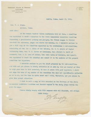 Primary view of object titled '[Letter from T. W. Gregory to Honorable W. J. Bryan, March 13, 1912]'.