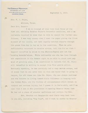 Primary view of object titled '[Letter from McDonald Meachum to Mrs. W.  J. Bryan, September 3, 1912]'.