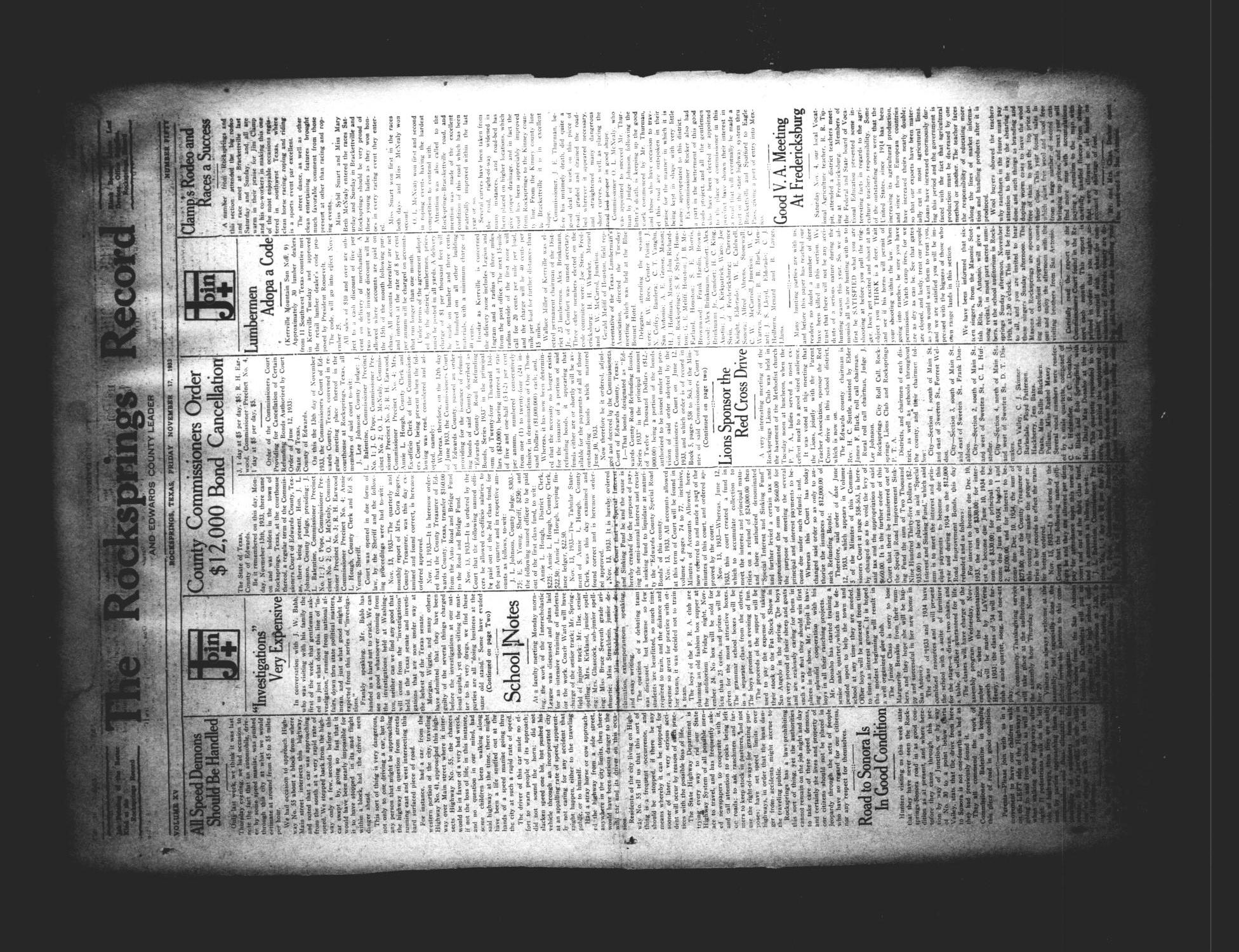 The Rocksprings Record and Edwards County Leader (Rocksprings, Tex.), Vol. 15, No. 50, Ed. 1 Friday, November 17, 1933
                                                
                                                    [Sequence #]: 1 of 4
                                                