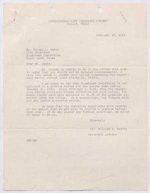 Primary view of object titled '[Letter from William R. Battle to Thomas L. James, February 24, 1953]'.