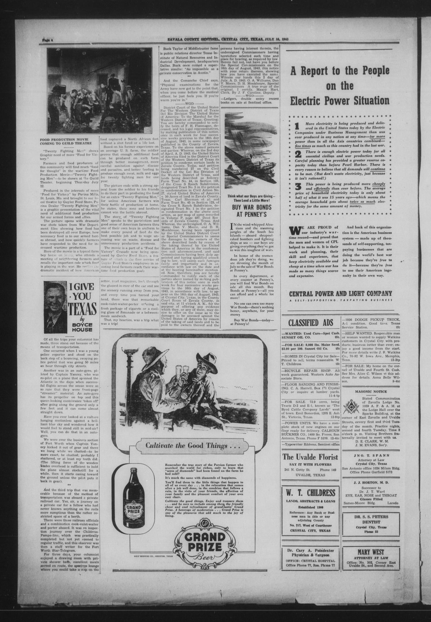 Zavala County Sentinel (Crystal City, Tex.), Vol. 32, No. 12, Ed. 1 Friday, July 16, 1943
                                                
                                                    [Sequence #]: 4 of 6
                                                
