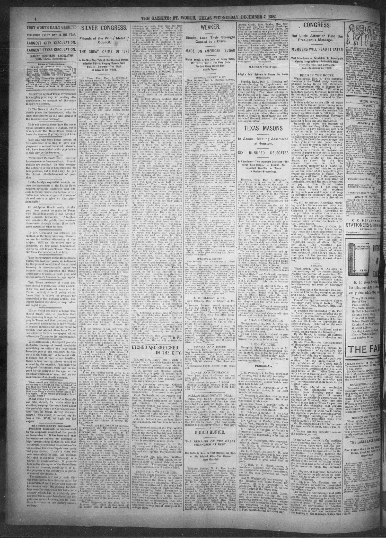 Fort Worth Gazette. (Fort Worth, Tex.), Vol. 17, No. 26, Ed. 1, Wednesday, December 7, 1892
                                                
                                                    [Sequence #]: 4 of 8
                                                