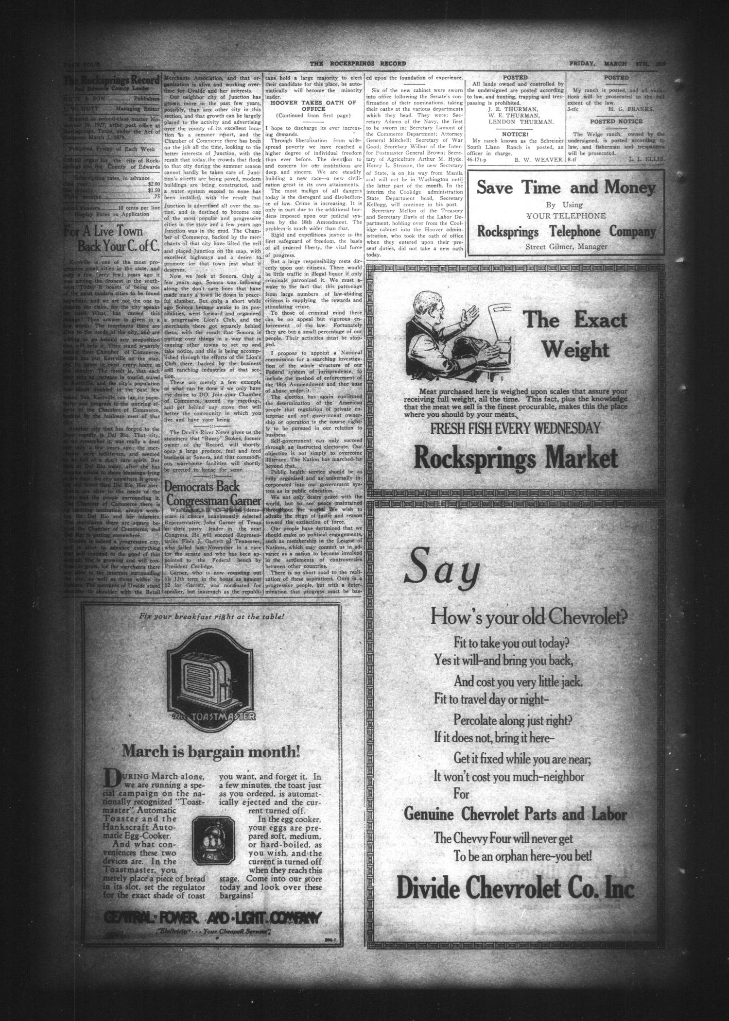 The Rocksprings Record and Edwards County Leader (Rocksprings, Tex.), Vol. 11, No. 13, Ed. 1 Friday, March 8, 1929
                                                
                                                    [Sequence #]: 4 of 8
                                                
