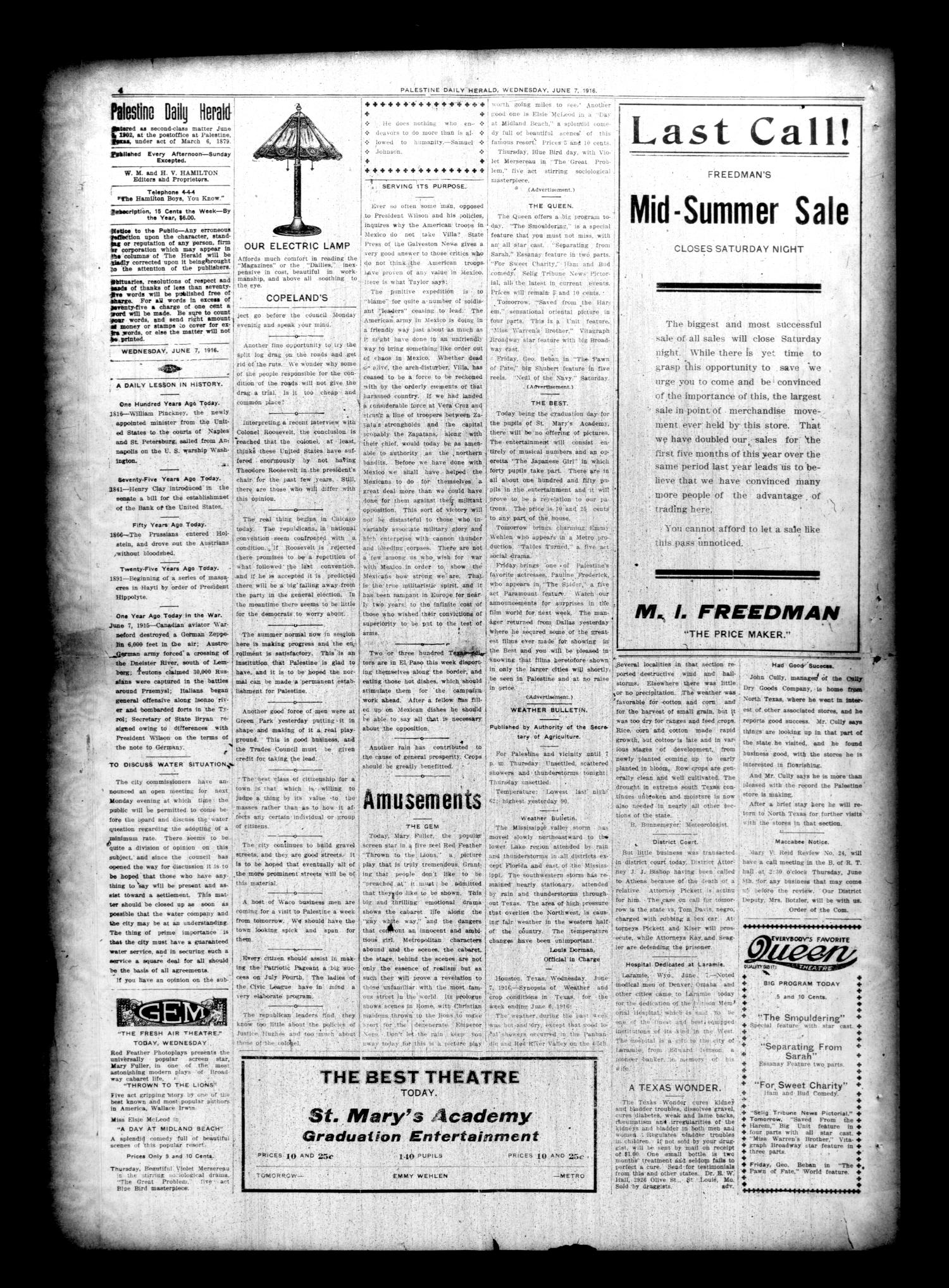 Palestine Daily Herald (Palestine, Tex), Vol. 15, No. 22, Ed. 1 Wednesday, June 7, 1916
                                                
                                                    [Sequence #]: 4 of 8
                                                