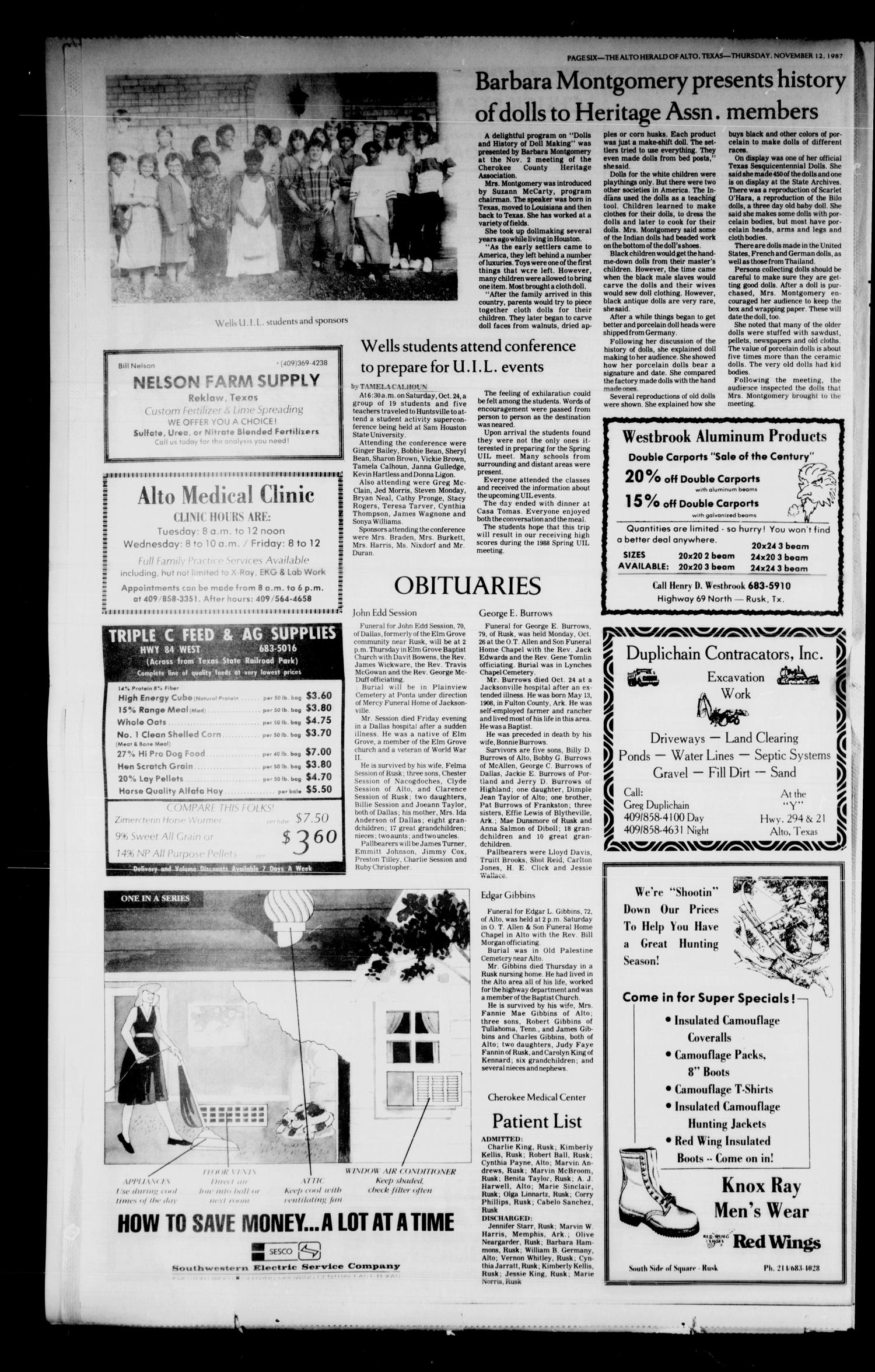 The Alto Herald and The Wells News 'N Views (Alto, Tex.), Vol. 92, No. 27, Ed. 1 Thursday, November 12, 1987
                                                
                                                    [Sequence #]: 6 of 6
                                                