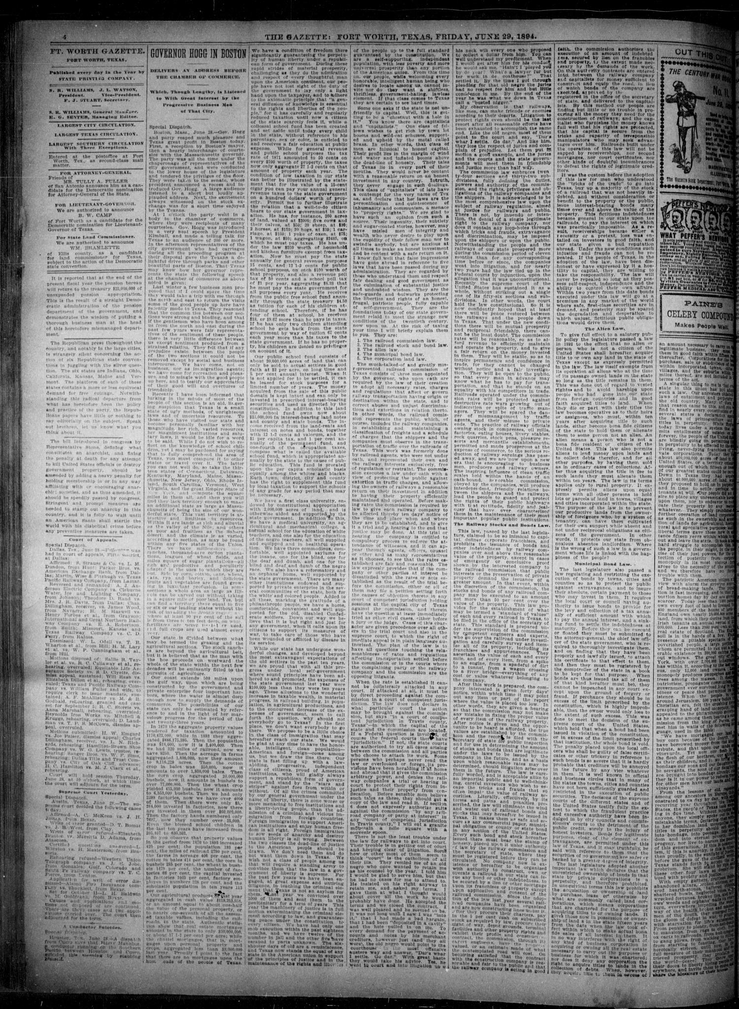Fort Worth Gazette. (Fort Worth, Tex.), Vol. 18, No. 218, Ed. 1, Friday, June 29, 1894
                                                
                                                    [Sequence #]: 4 of 8
                                                