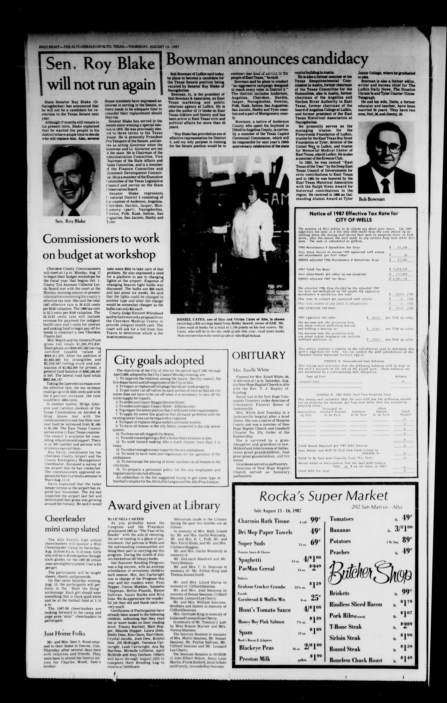 The Alto Herald and The Wells News 'N Views (Alto, Tex.), Vol. 92, No. 14, Ed. 1 Thursday, August 13, 1987
                                                
                                                    [Sequence #]: 8 of 8
                                                