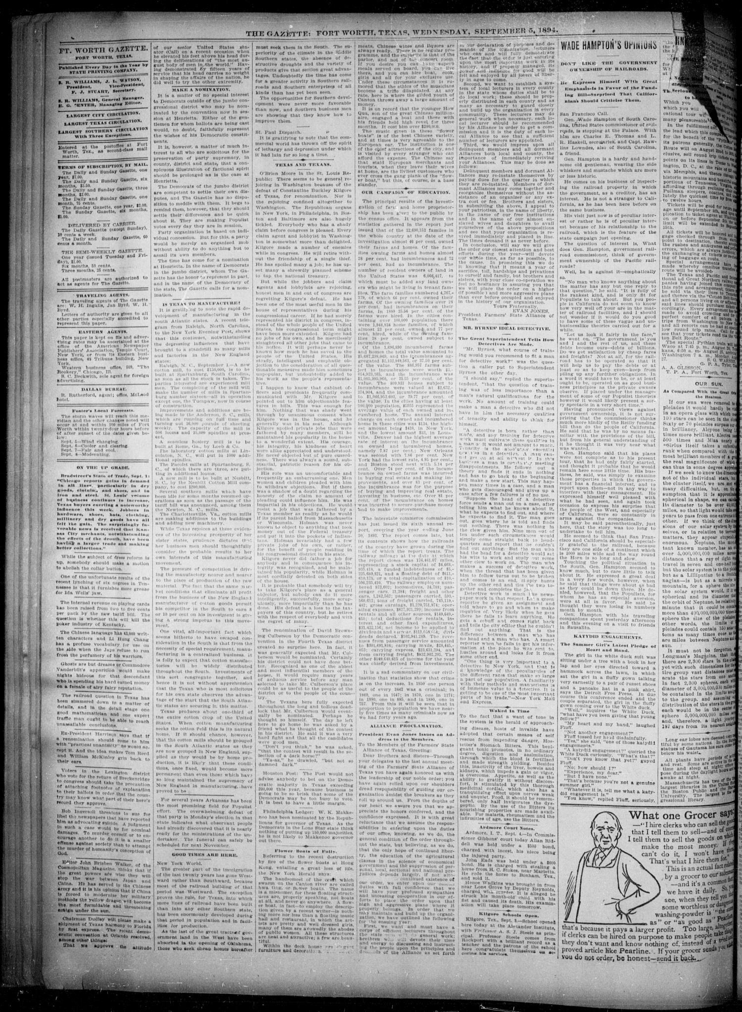 Fort Worth Gazette. (Fort Worth, Tex.), Vol. 18, No. 286, Ed. 1, Wednesday, September 5, 1894
                                                
                                                    [Sequence #]: 4 of 8
                                                