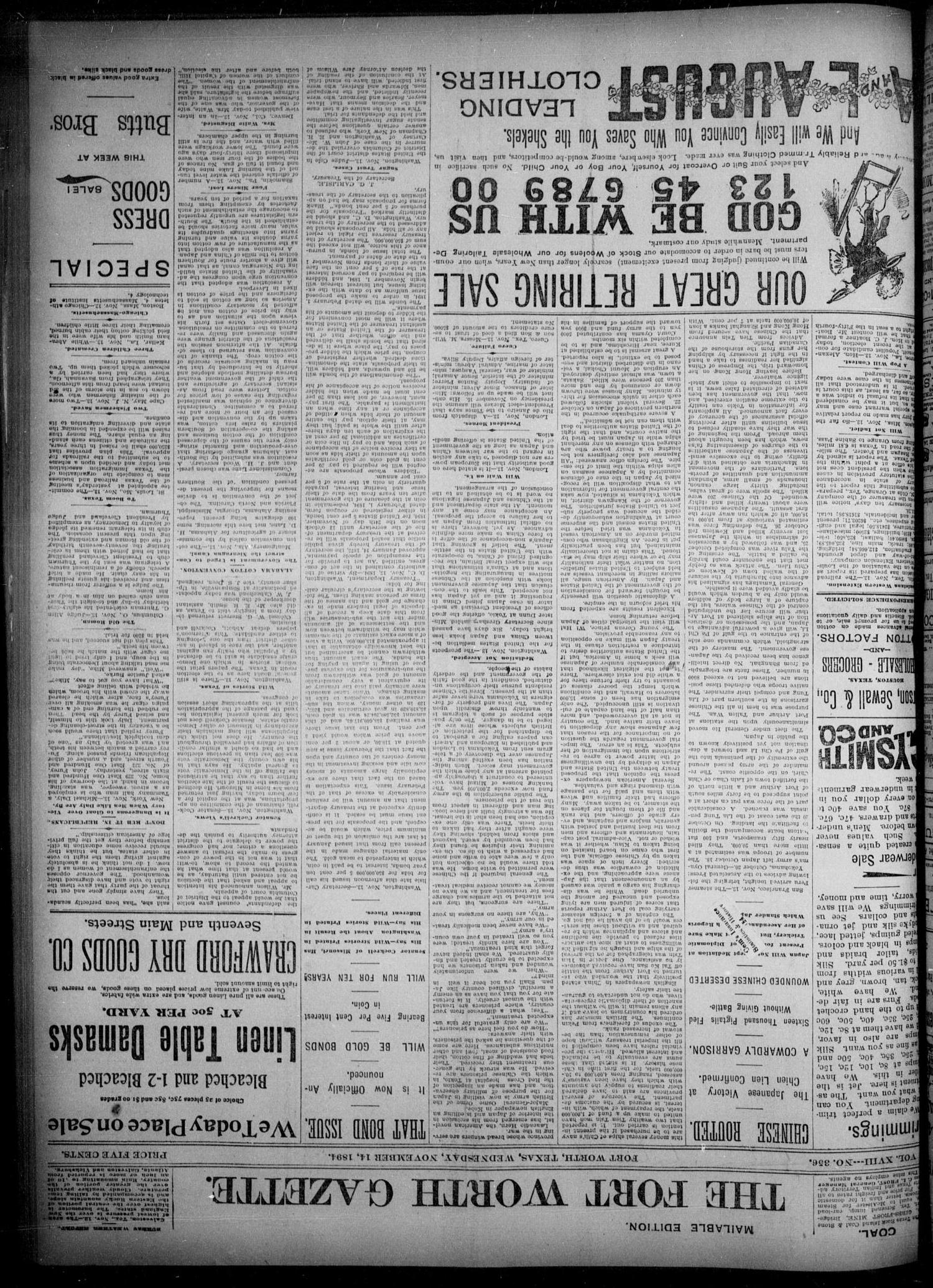 Fort Worth Gazette. (Fort Worth, Tex.), Vol. 18, No. 356, Ed. 1, Wednesday, November 14, 1894
                                                
                                                    [Sequence #]: 1 of 8
                                                