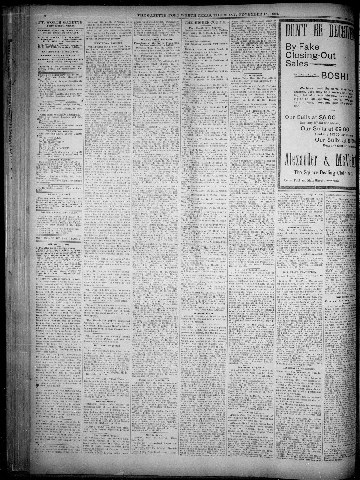 Fort Worth Gazette. (Fort Worth, Tex.), Vol. 18, No. 357, Ed. 1, Thursday, November 15, 1894
                                                
                                                    [Sequence #]: 4 of 8
                                                