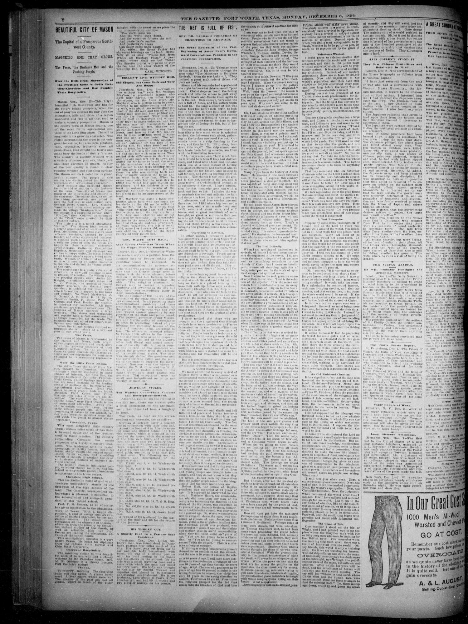 Fort Worth Gazette. (Fort Worth, Tex.), Vol. 19, No. 9, Ed. 1, Monday, December 3, 1894
                                                
                                                    [Sequence #]: 2 of 8
                                                