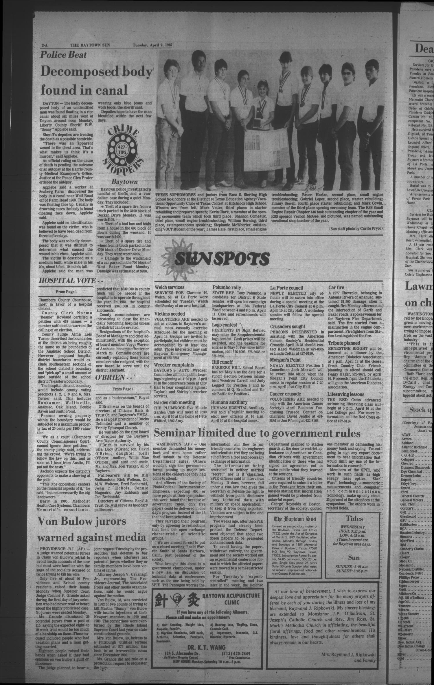 The Baytown Sun (Baytown, Tex.), Vol. 63, No. 136, Ed. 1 Tuesday, April 9, 1985
                                                
                                                    [Sequence #]: 2 of 20
                                                