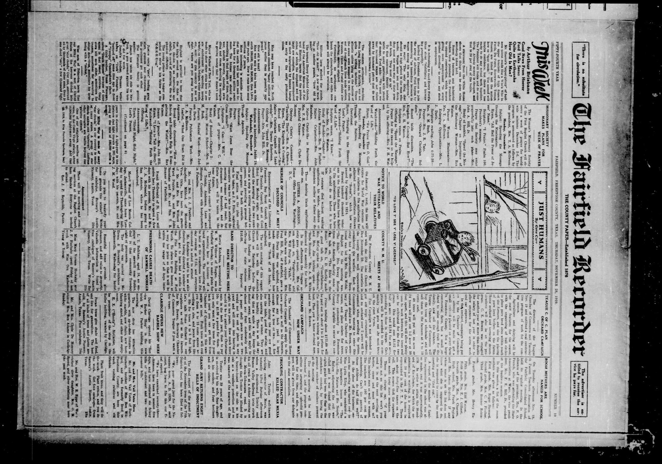 The Fairfield Recorder (Fairfield, Tex.), Vol. 54, No. 10, Ed. 1 Thursday, November 28, 1929
                                                
                                                    [Sequence #]: 1 of 8
                                                