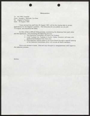 Primary view of object titled '[Letter from Donald L. Skipwith to the Texas Human Rights Foundation trustees, August 19, 1991]'.