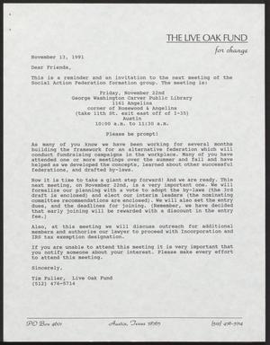Primary view of object titled '[Letter from Tim Fuller to unknown recipients, November 13, 1991]'.