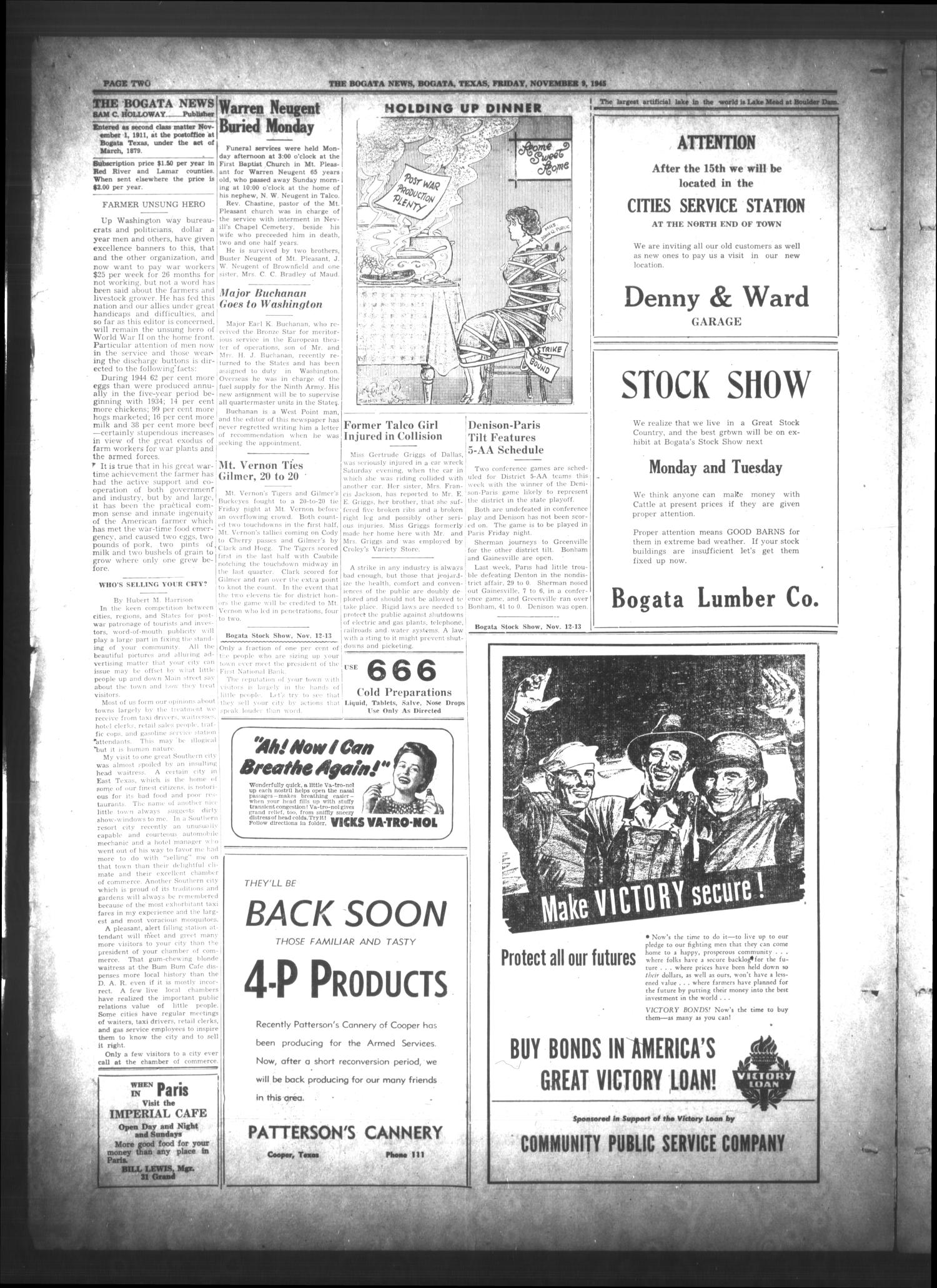 The Bogata News (Bogata, Tex.), Vol. 35, No. 3, Ed. 1 Friday, November 9, 1945
                                                
                                                    [Sequence #]: 2 of 8
                                                
