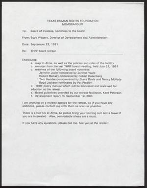 Primary view of object titled '[Letter from Suzy Wagers to Texas Human Rights Foundation Board of Trustees, September 23, 1991]'.