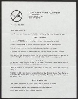 Primary view of object titled '[Letter from Suzy Wagers to Texas Human Rights Foundation supporters, December 10, 1991]'.