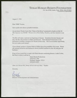 Primary view of object titled '[Letter from Suzy Wagers to the Texas Human Rights Foundation Trustees, August 5, 1992]'.