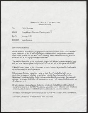 Primary view of object titled '[Letter from Suzy Wagers to the Texas Human Rights Foundation Trustees, August 2, 1991]'.
