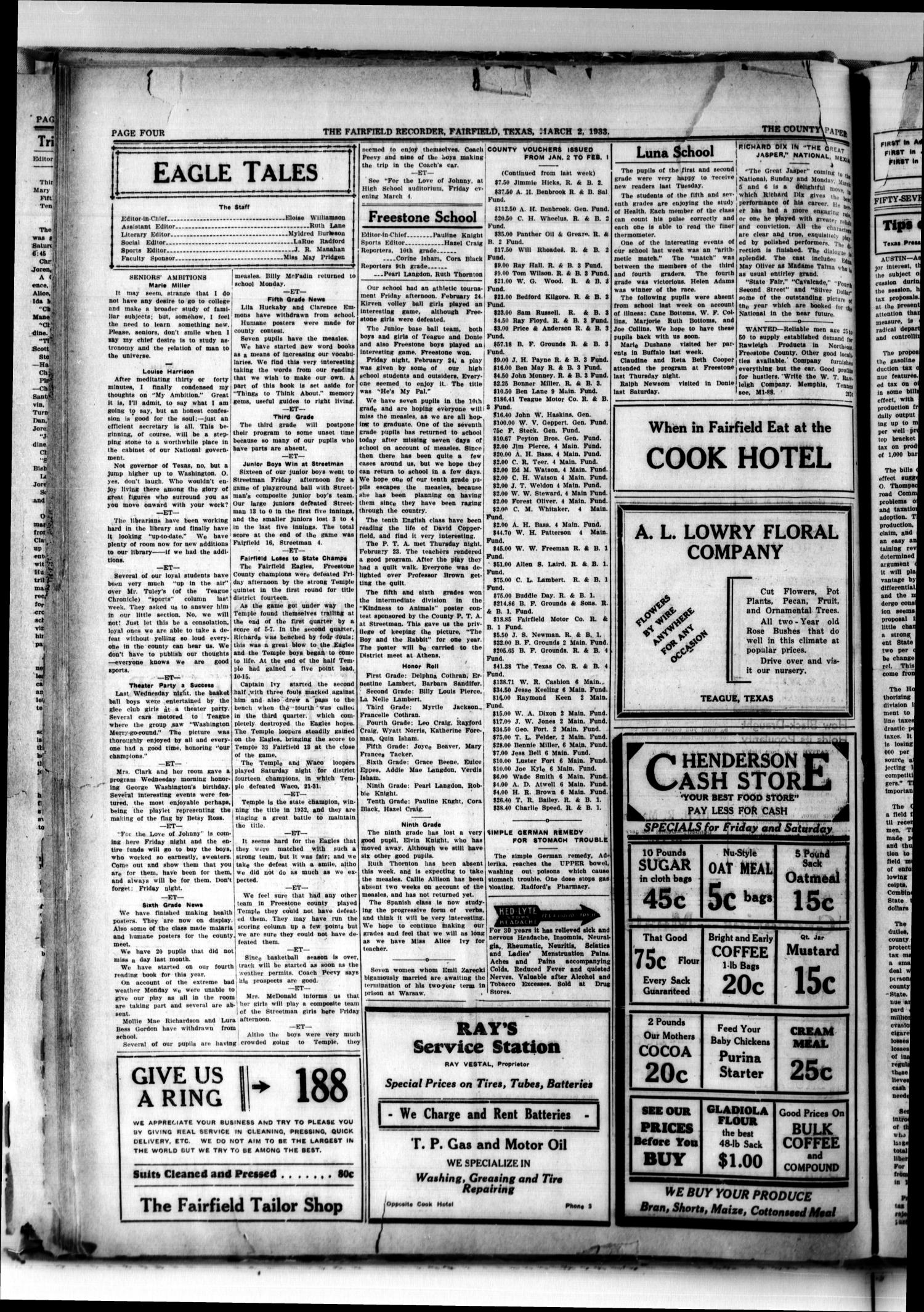 The Fairfield Recorder (Fairfield, Tex.), Vol. 57, No. 22, Ed. 1 Thursday, March 2, 1933
                                                
                                                    [Sequence #]: 4 of 4
                                                