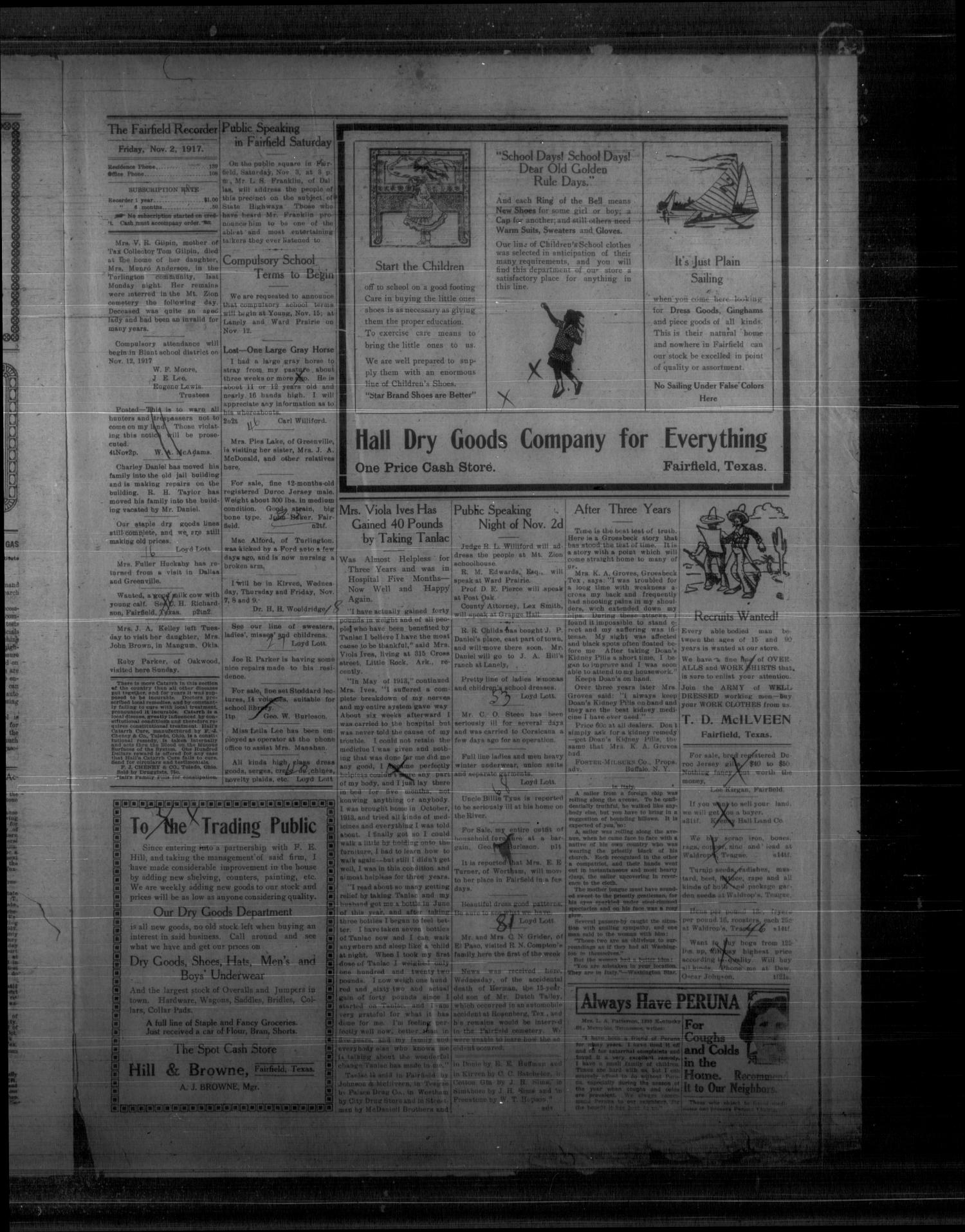 The Fairfield Recorder (Fairfield, Tex.), Vol. 42, No. 7, Ed. 1 Friday, November 2, 1917
                                                
                                                    [Sequence #]: 9 of 14
                                                