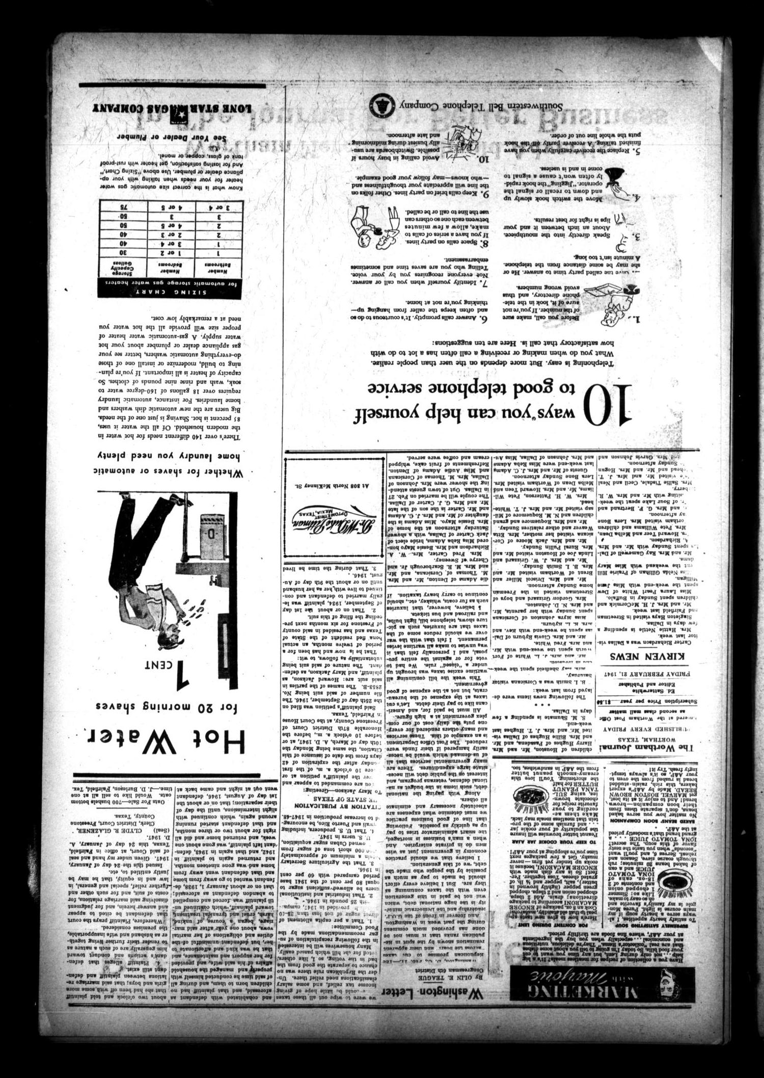 The Wortham Journal (Wortham, Tex.), Vol. 48, No. 42, Ed. 1 Friday, February 21, 1947
                                                
                                                    [Sequence #]: 3 of 6
                                                