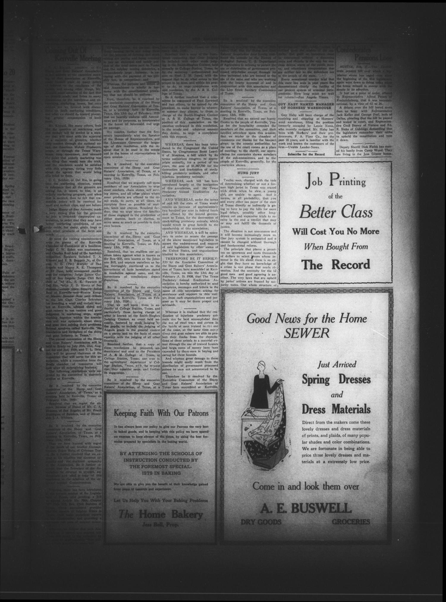 The Rocksprings Record and Edwards County Leader (Rocksprings, Tex.), Vol. 12, No. 11, Ed. 1 Friday, February 21, 1930
                                                
                                                    [Sequence #]: 3 of 8
                                                