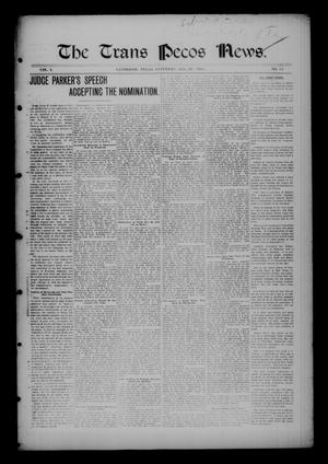 Primary view of object titled 'The Trans Pecos News. (Sanderson, Tex.), Vol. 3, No. 13, Ed. 1 Saturday, August 20, 1904'.