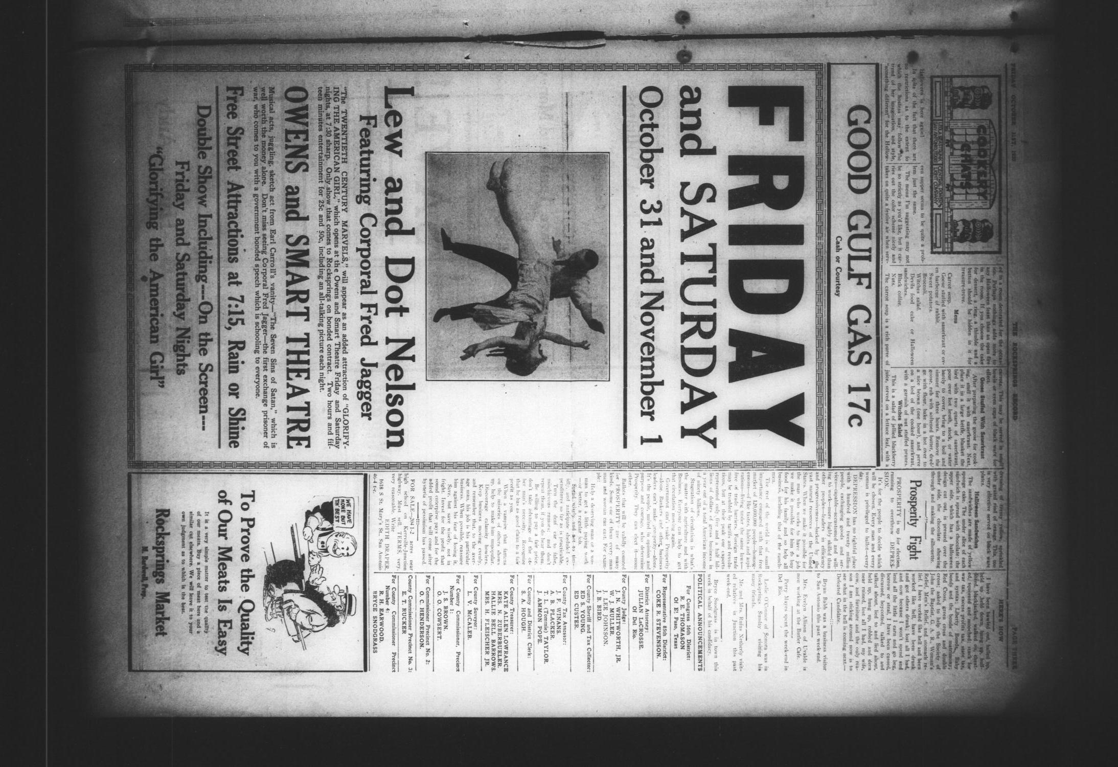 The Rocksprings Record and Edwards County Leader (Rocksprings, Tex.), Vol. 12, No. 47, Ed. 1 Friday, October 31, 1930
                                                
                                                    [Sequence #]: 3 of 4
                                                