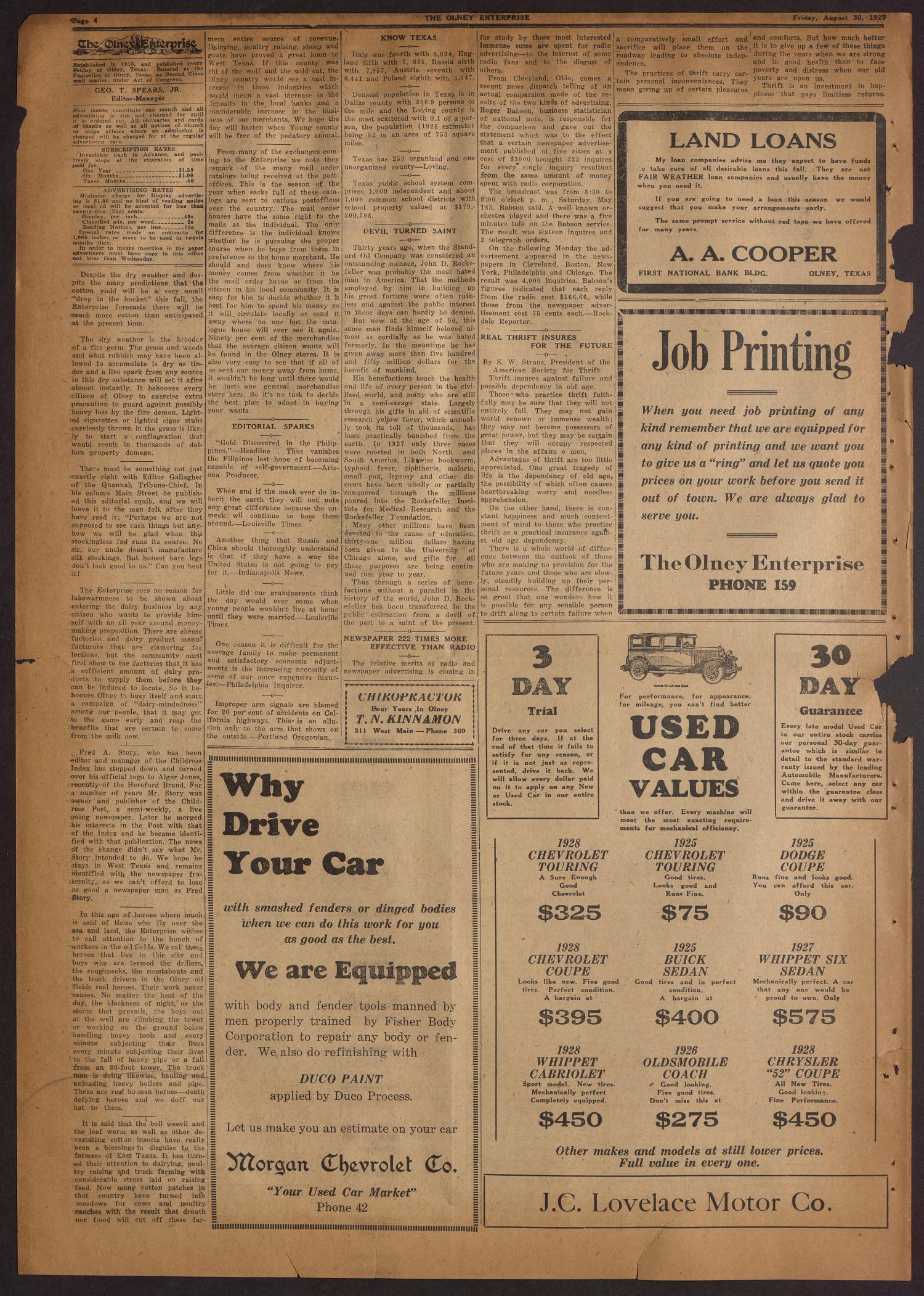The Olney Enterprise (Olney, Tex.), Vol. 20, No. 19, Ed. 1 Friday, August 30, 1929
                                                
                                                    [Sequence #]: 4 of 8
                                                