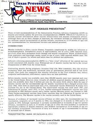 Primary view of object titled 'Texas Preventable Disease News, Volume 47, Number 39, October 3, 1987'.