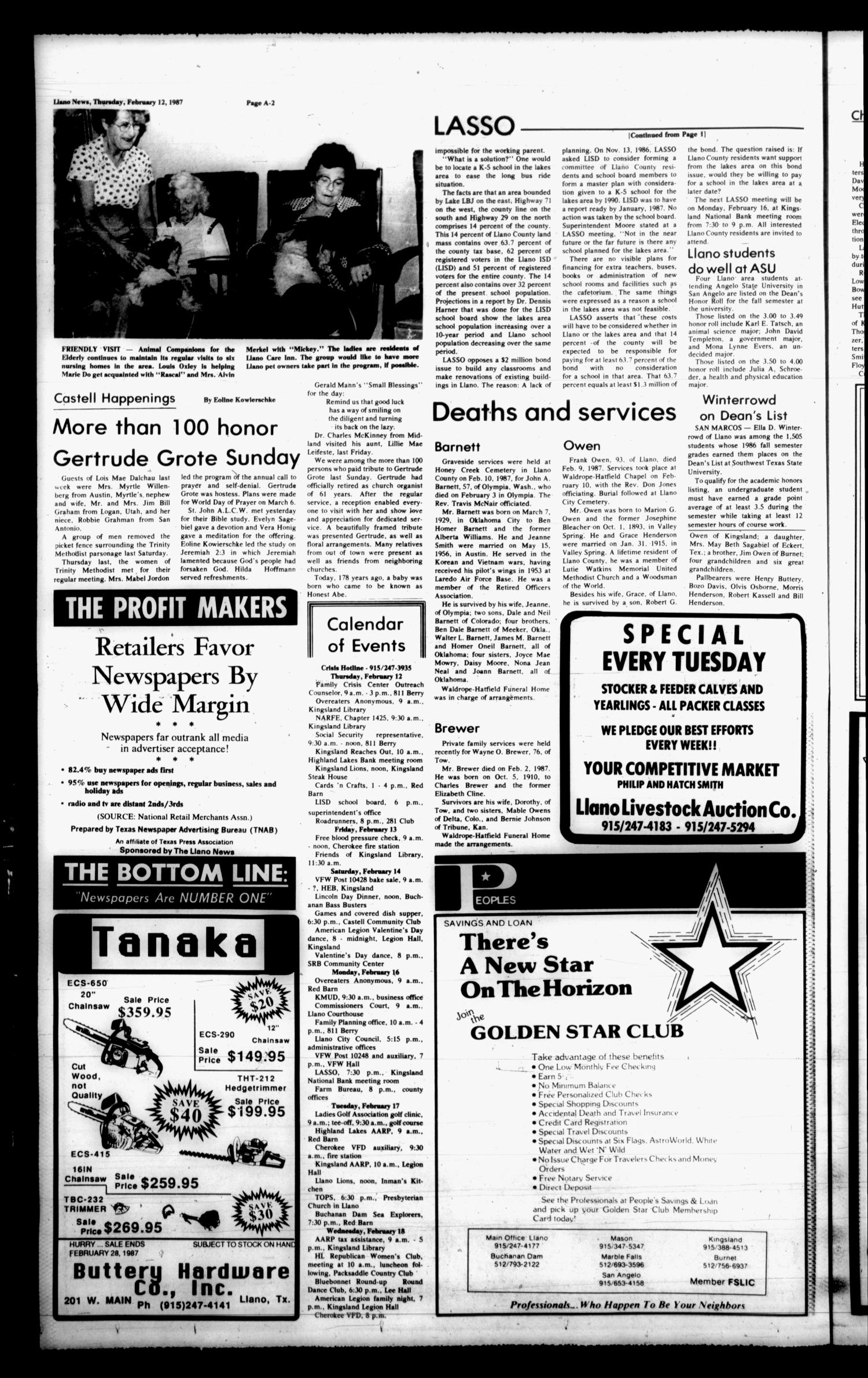 The Llano News (Llano, Tex.), Vol. 96, No. 16, Ed. 1 Thursday, February 12, 1987
                                                
                                                    [Sequence #]: 2 of 35
                                                