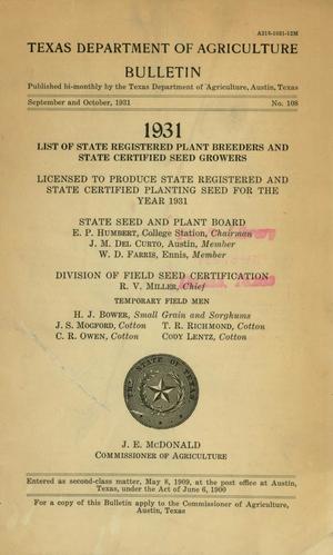 Primary view of object titled 'List of State Registered Plant Breeders and State Certified Seed Growers Licensed to Produce State Registered and State Certified Planting Seed for the Year 1931.'.