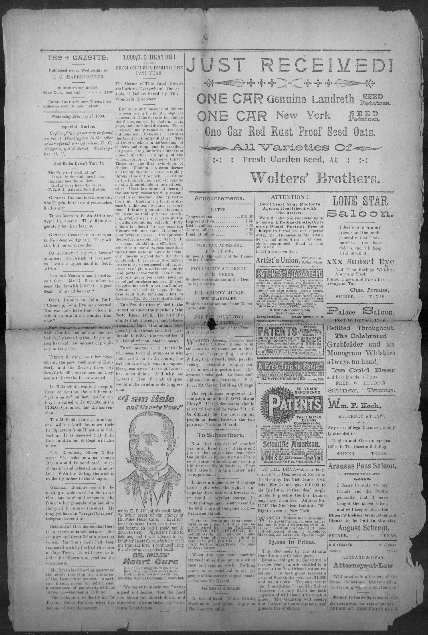 Shiner Gazette. (Shiner, Tex.), Vol. 7, No. 40, Ed. 1, Wednesday, February 28, 1900
                                                
                                                    [Sequence #]: 4 of 8
                                                