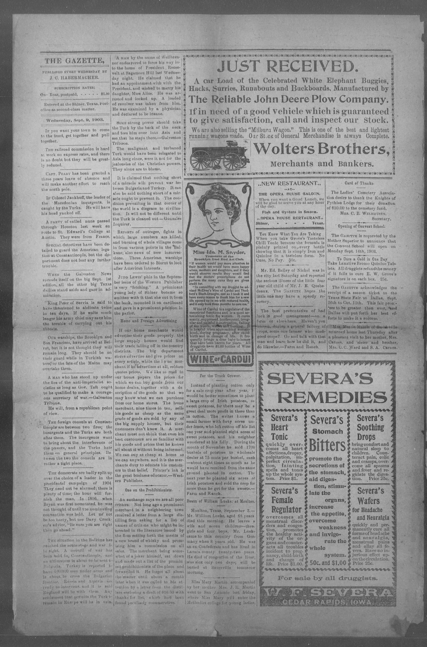 Shiner Gazette. (Shiner, Tex.), Vol. 11, No. 12, Ed. 1, Wednesday, September 9, 1903
                                                
                                                    [Sequence #]: 4 of 10
                                                