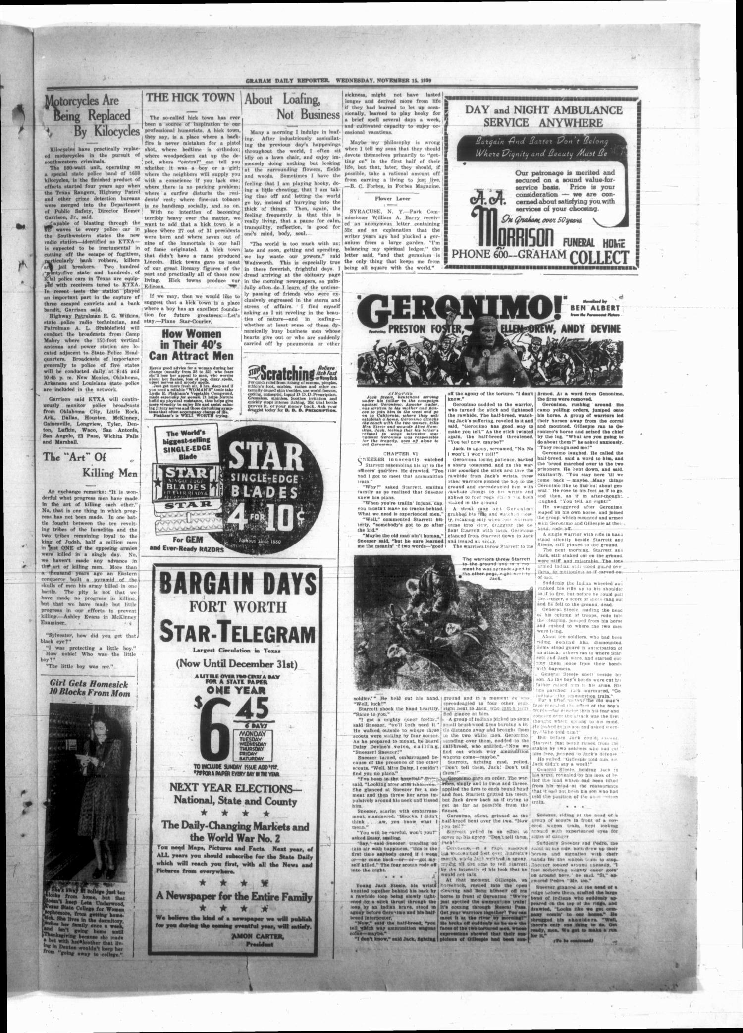 Graham Daily Reporter (Graham, Tex.), Vol. 6, No. 64, Ed. 1 Wednesday, November 15, 1939
                                                
                                                    [Sequence #]: 3 of 4
                                                