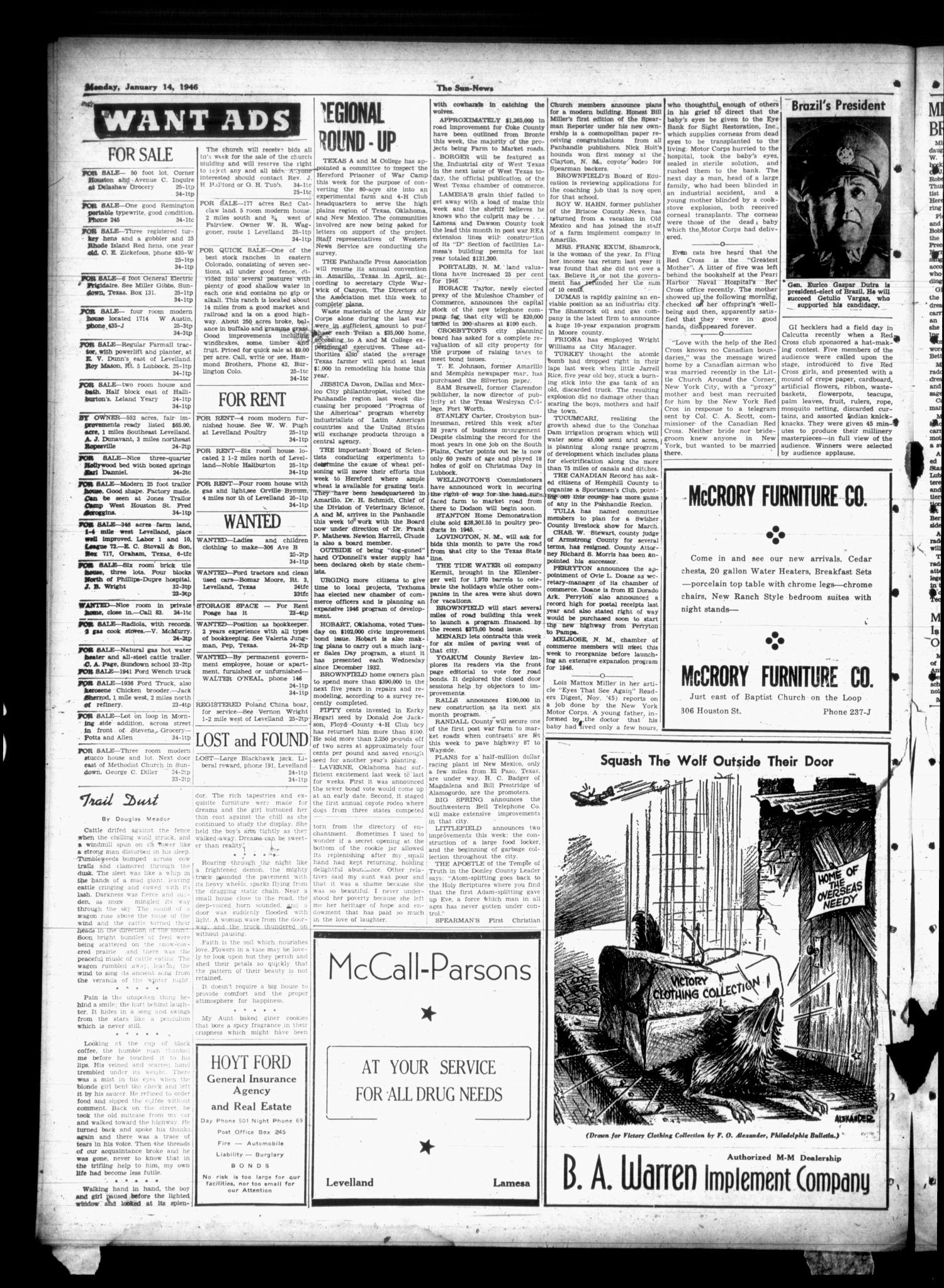 The Sun-News (Levelland, Tex.), Vol. 6, No. 34, Ed. 1 Monday, January 14, 1946
                                                
                                                    [Sequence #]: 4 of 8
                                                