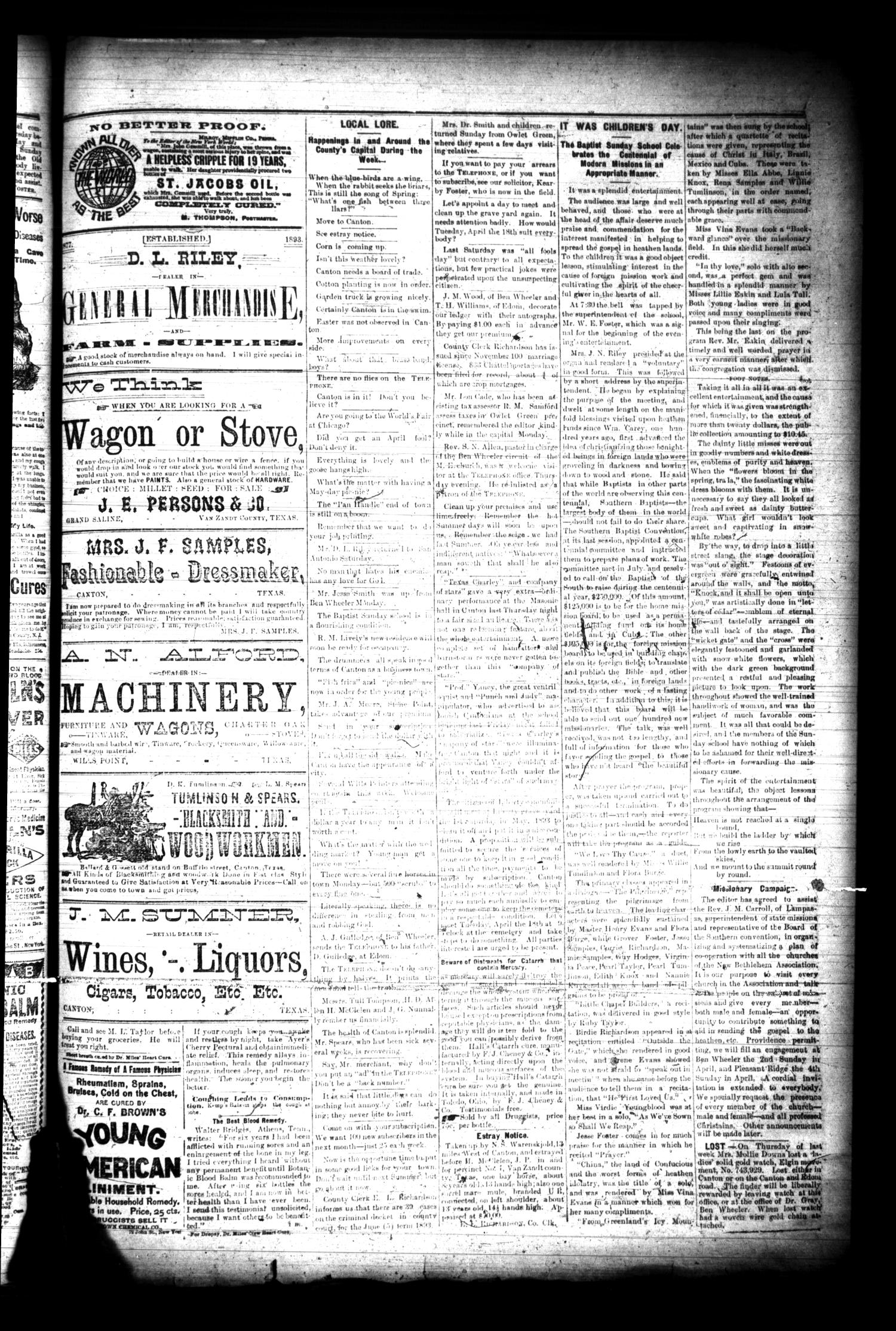 The Canton Telephone. (Canton, Tex.), Vol. 11, No. 33, Ed. 1 Friday, April 7, 1893
                                                
                                                    [Sequence #]: 3 of 4
                                                