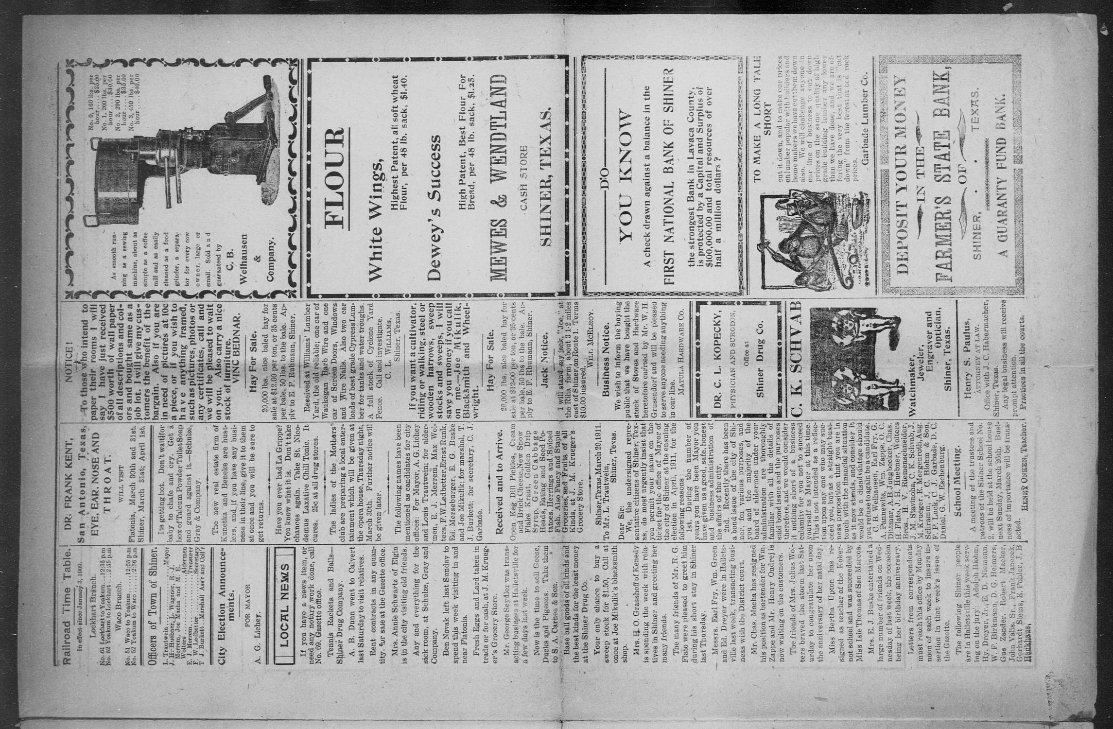 Shiner Gazette. (Shiner, Tex.), Vol. 18, No. 31, Ed. 1, Thursday, March 23, 1911
                                                
                                                    [Sequence #]: 5 of 8
                                                