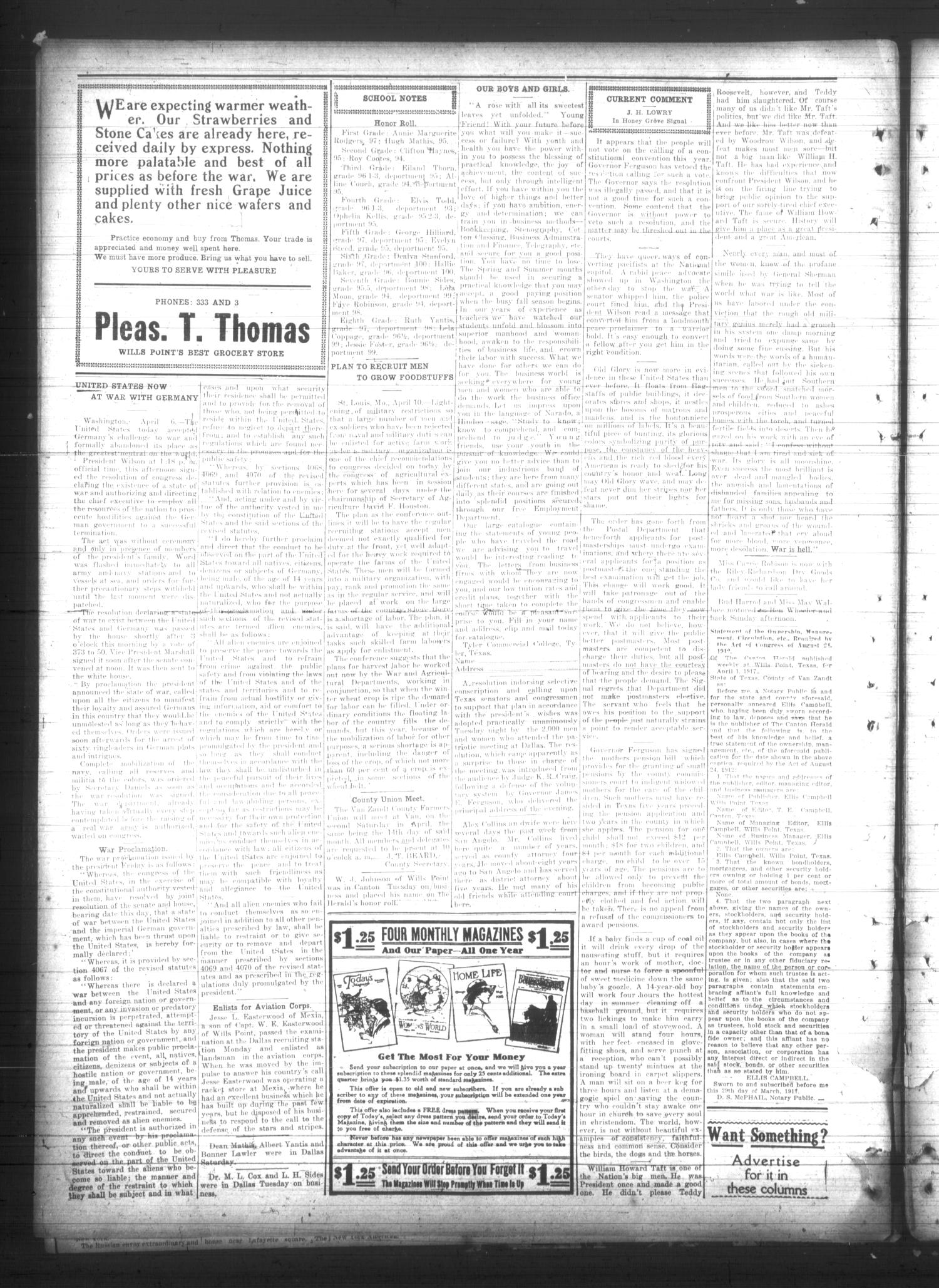 The Canton Herald (Canton, Tex.), Vol. 35, No. 15, Ed. 1 Friday, April 13, 1917
                                                
                                                    [Sequence #]: 8 of 8
                                                