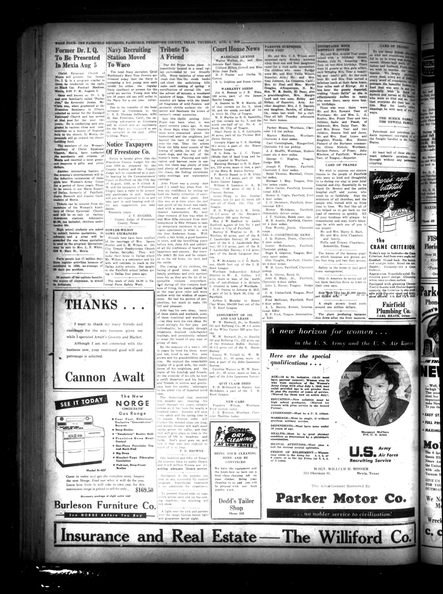 The Fairfield Recorder (Fairfield, Tex.), Vol. 73, No. 46, Ed. 1 Thursday, August 4, 1949
                                                
                                                    [Sequence #]: 4 of 8
                                                