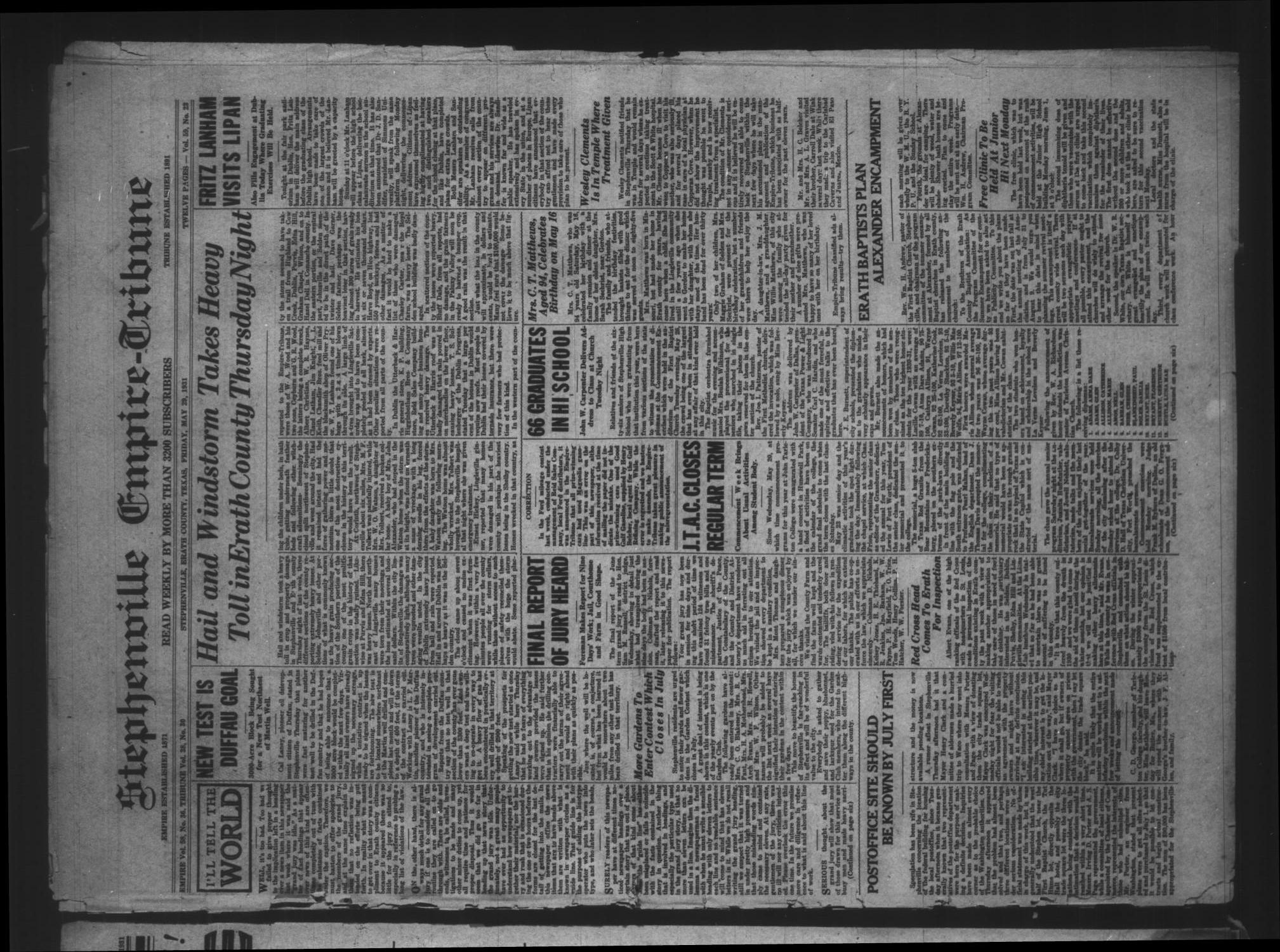 Stephenville Empire-Tribune (Stephenville, Tex.), Vol. 59, No. 23, Ed. 1 Friday, May 29, 1931
                                                
                                                    [Sequence #]: 1 of 12
                                                