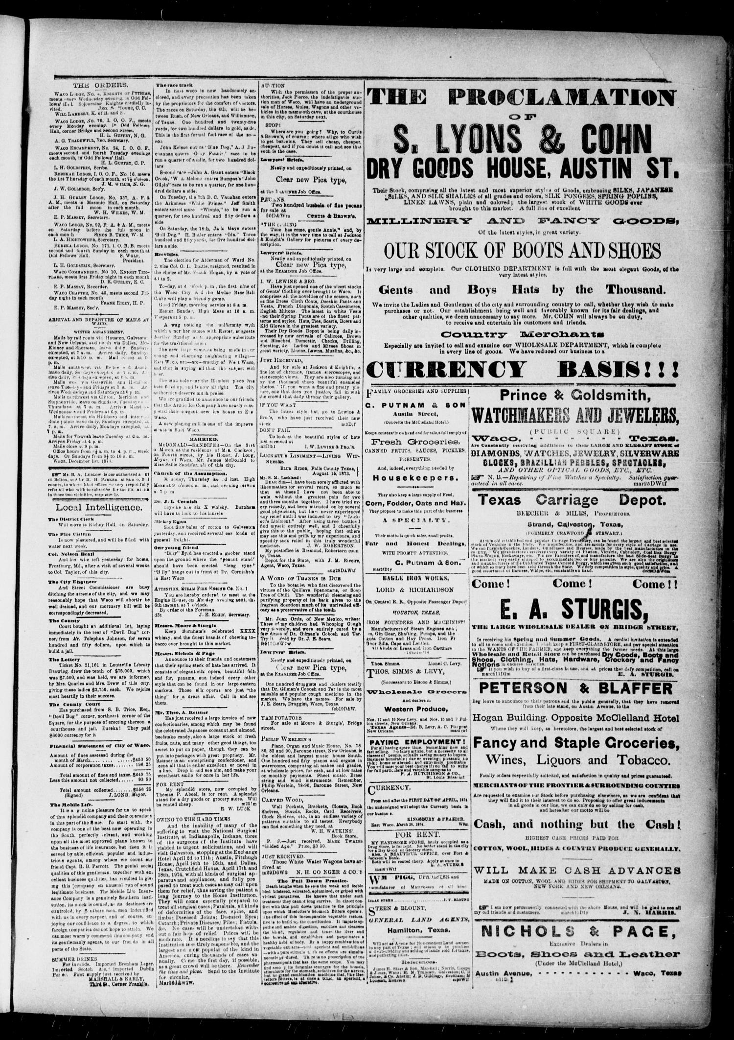 The Waco Daily Examiner. (Waco, Tex.), Vol. 2, No. 128, Ed. 1, Thursday, April 2, 1874
                                                
                                                    [Sequence #]: 3 of 4
                                                
