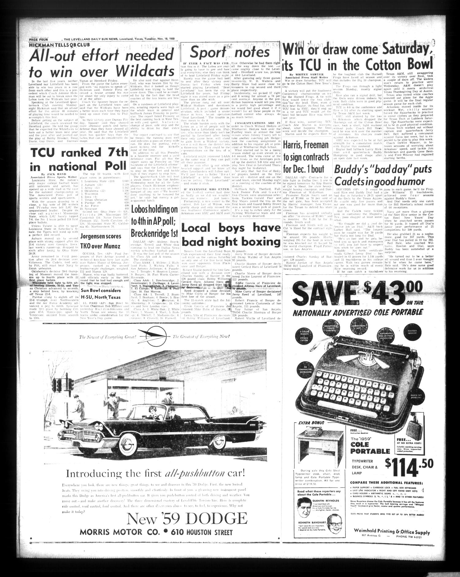 The Levelland Daily Sun News (Levelland, Tex.), Vol. 17, No. 56, Ed. 1 Tuesday, November 18, 1958
                                                
                                                    [Sequence #]: 4 of 8
                                                