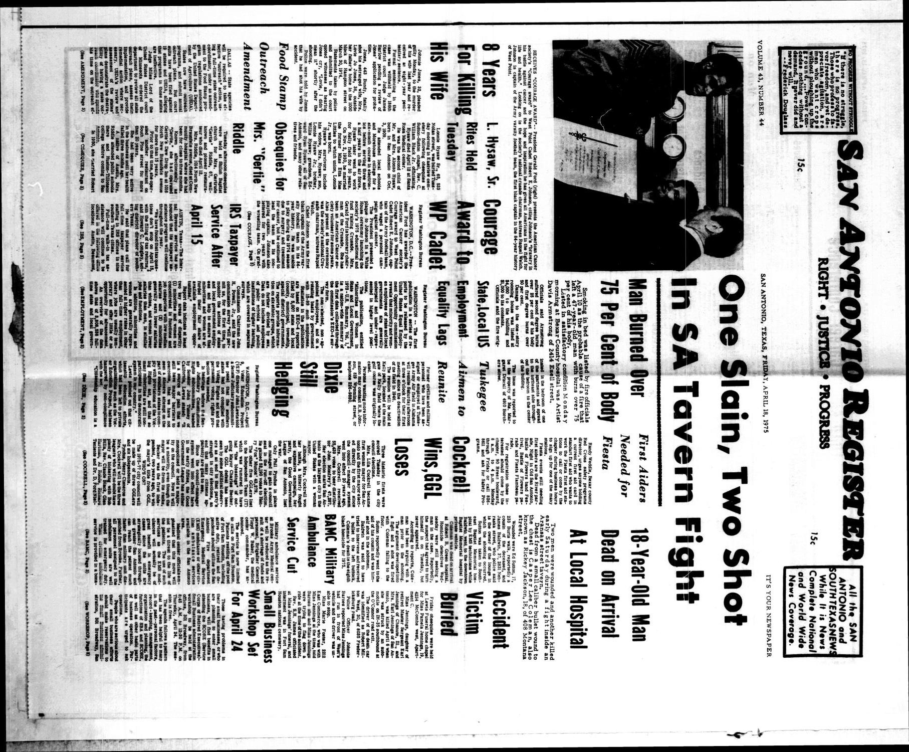 San Antonio Register (San Antonio, Tex.), Vol. 43, No. 44, Ed. 1 Friday, April 18, 1975
                                                
                                                    [Sequence #]: 1 of 10
                                                