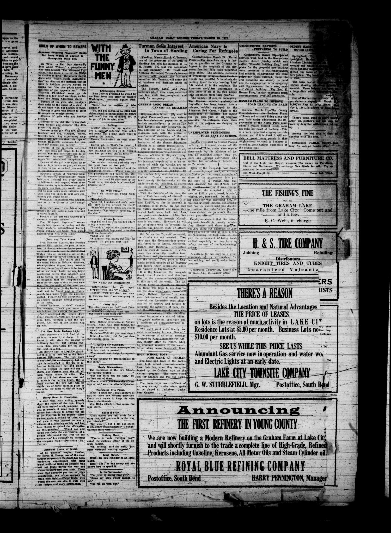 Graham Daily Leader (Graham, Tex.), Vol. 1, No. 14, Ed. 1 Friday, March 25, 1921
                                                
                                                    [Sequence #]: 3 of 6
                                                