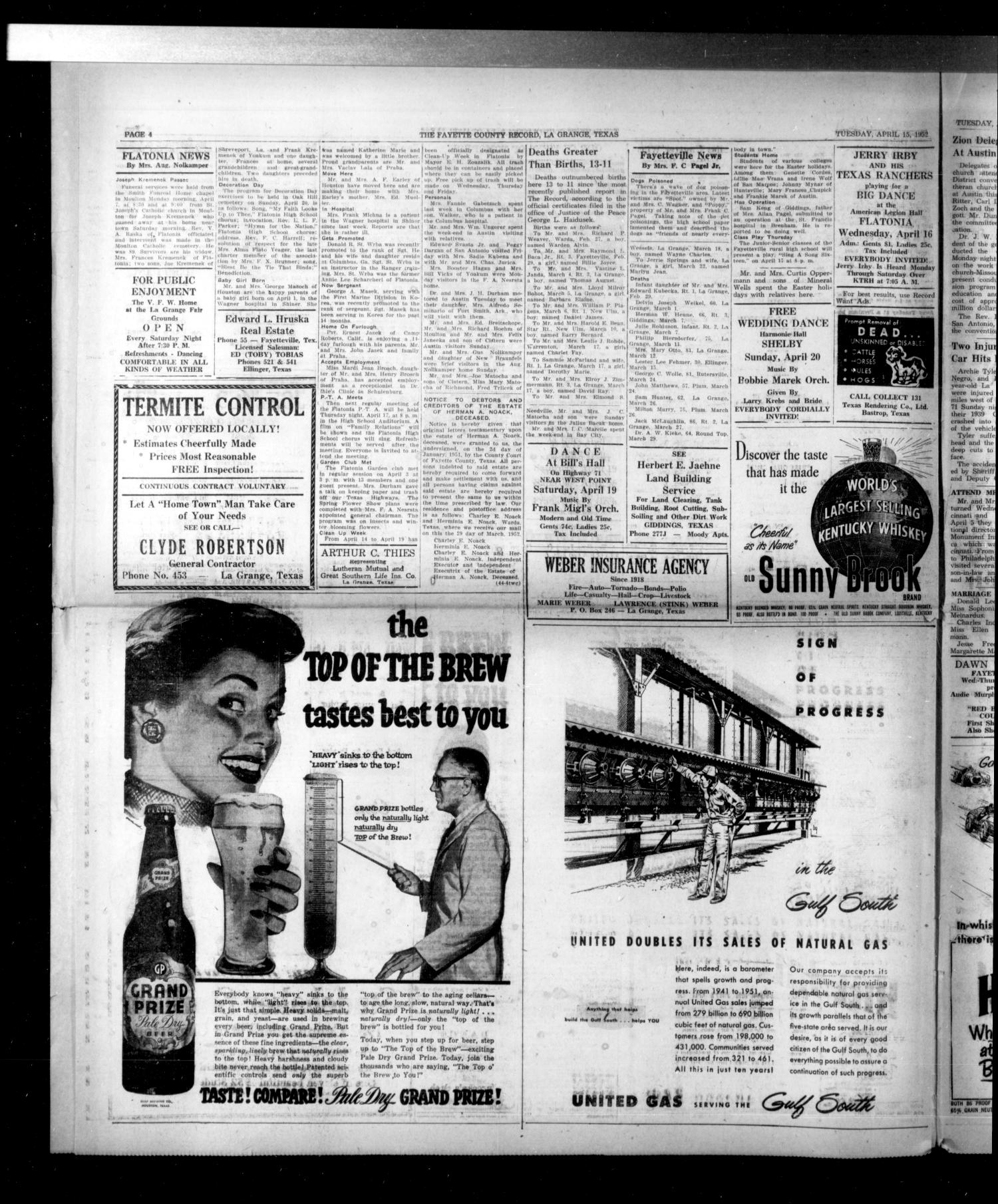 The Fayette County Record (La Grange, Tex.), Vol. 30, No. 48, Ed. 1 Tuesday, April 15, 1952
                                                
                                                    [Sequence #]: 4 of 6
                                                