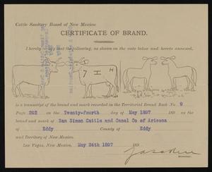 Primary view of object titled 'Cattle Sanitary Board of New Mexico: Certificate of Brand, May 24, 1897'.