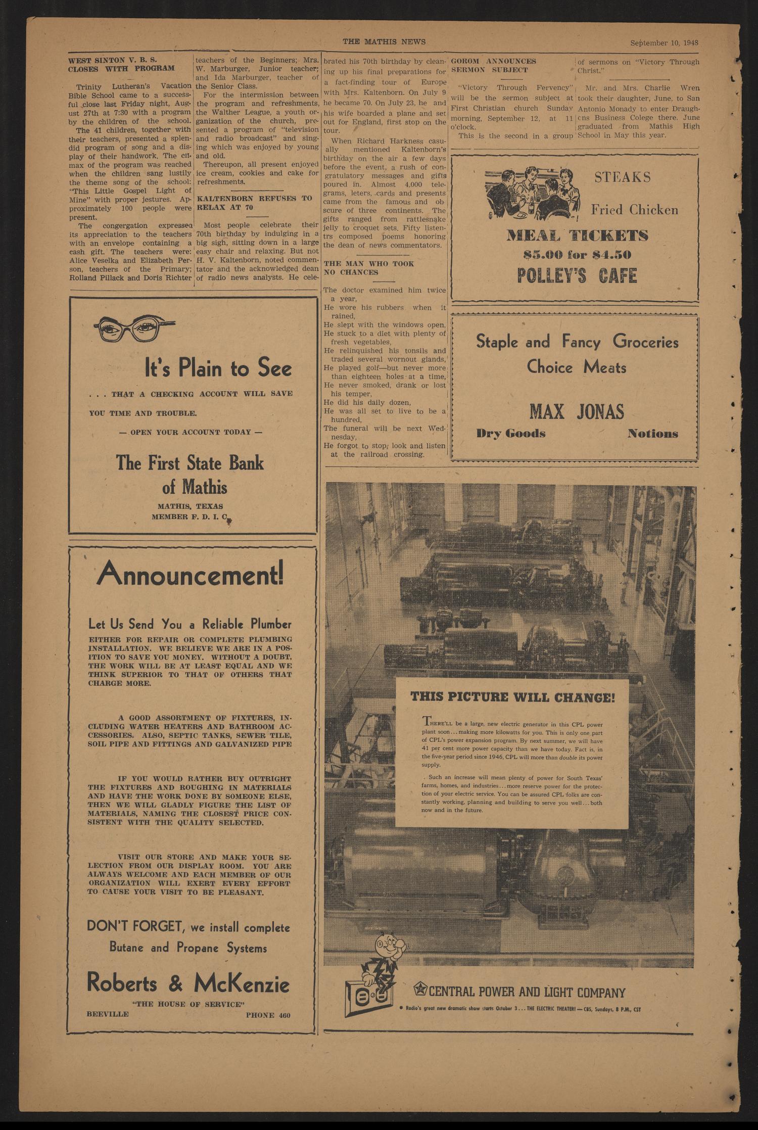 The Mathis News (Mathis, Tex.), Vol. 33, No. 37, Ed. 1 Friday, September 10, 1948
                                                
                                                    [Sequence #]: 4 of 10
                                                